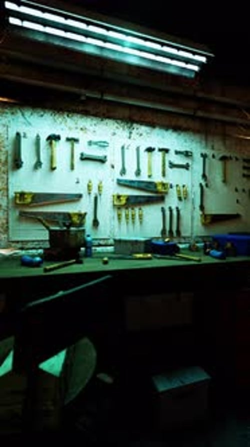 Array of Tools Hanging in Old Auto Repair Shop