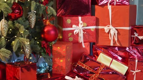 Festive Christmas Presents and Decorated Tree Still Life