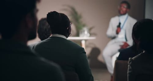 Business people, spokesperson and presentation with crowd at convention for staff training