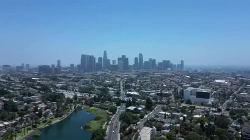 60FPS Drone Flying Toward Los Angeles City Skyline During Daytime