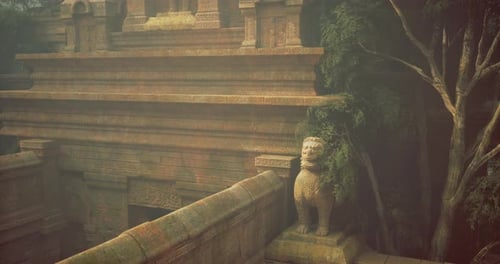 Ancient Stone Temple with Lion Statue and Lush Greenery Surrounding It