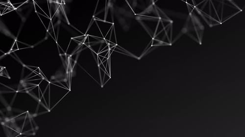 Looped abstract connection of dots and lines on a black background. Black and white plexus effect.