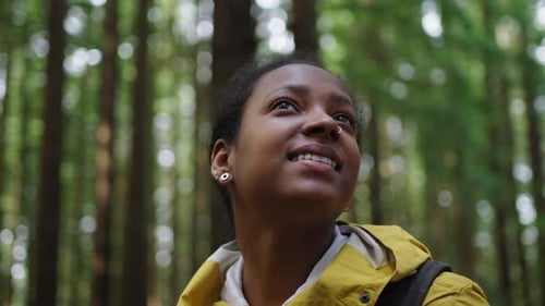 Porträt einer Afrikanerin, die in einem Wald steht und die Aussicht betrachtet und die Natur genießt