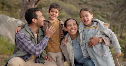 Happy family, portrait and hiking in nature, forest or woods together with happiness