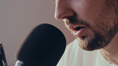 Close Up Podcaster Guy Speaking Into Microphone Bad News for American Citizens Radio Broadcaster Man