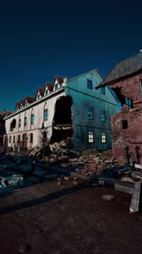 Dilapidated Building Surrounded By Rubble