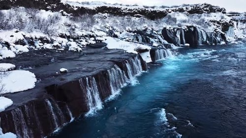 Waterfall in Iceland Snowy Mountain with Cold River in Winter Magical Winter Time Location of Snow