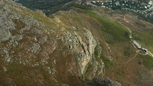 Traveling Cable Car In Table Mountain, Cape Town, South Africa. Aerial Tracking Shot