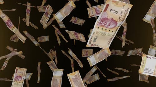 200 Indian Rupee bills falling down. Banknotes. Money rain.