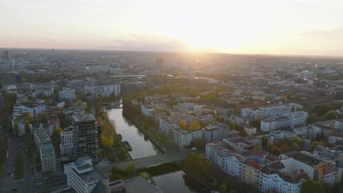 Aerial Panoramic Footage of Urban Borough at Sunset