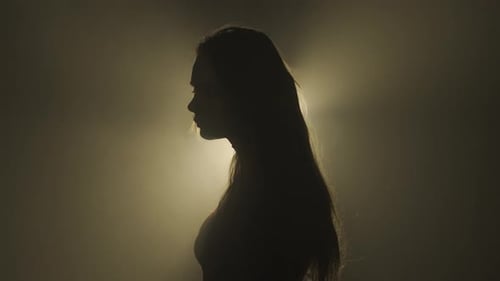 Silhouette in Lighting Concept Female Model Against Bright Light on Black Smoky Background in Studio