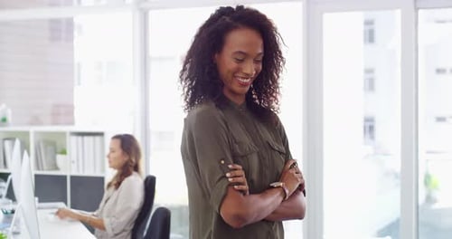 Businesswoman, office and face with arms crossed, professional and smile for new corporate role