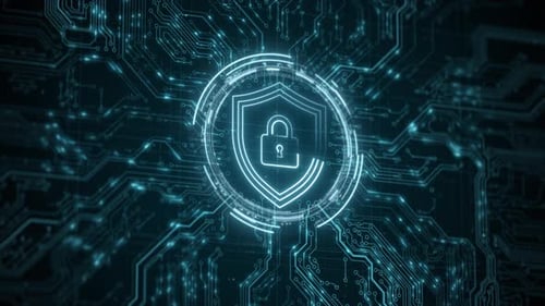 Holograma de seguridad Pin de HUD virtual con escudo y candado Concepto de privacidad de datos financieros y