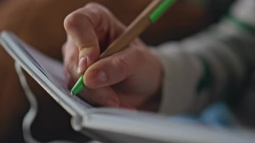 Woman Hand Writing Copybook at Home Closeup Unrecognizable Girl Noting Thoughts