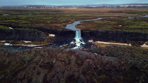Drone Shot of Oxarafoss Waterfall in Iceland