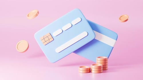 Cartes bancaires et pièces de dessin animé avec fond rose, rendu 3D.