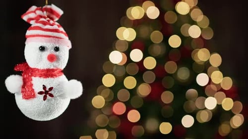 Festive Snowman Ornament with Christmas Tree Background