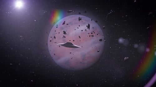 Flying saucer ufo towards UFO over Jupiter with asteroids