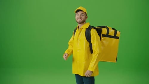 Green Screen Food Delivery Person and With a Thermal Backpack