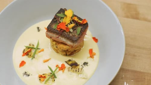 Gourmet salmon dish presentation on white plate