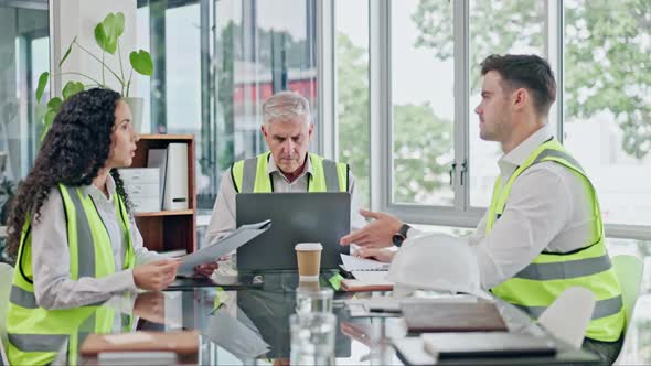 Engineer, meeting and office team conversation, cooperation or planning ...