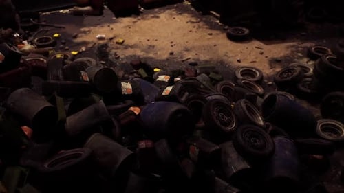 Discarded Containers Litter a Dimly Lit Floor in an Abandoned Warehouse
