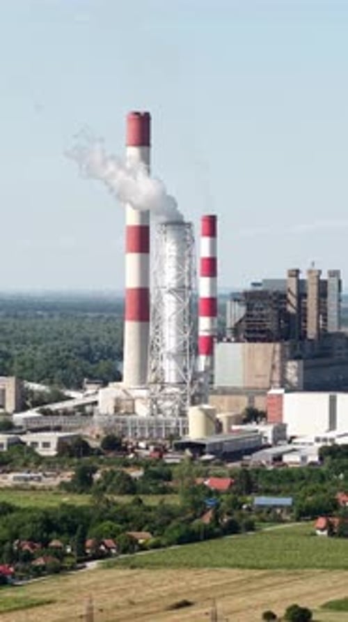 Vertical Drone Shot, Coal Fired Power Station, Electric Plant With SmokinG Chimney