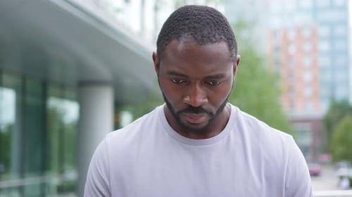 Portrait Serious Face African American Man Outdoor Handsome Confident Young Man on Urban Street in