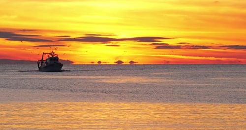 Fischerboote kehren bei Sonnenuntergang in den Hafen zurück, Frankreich