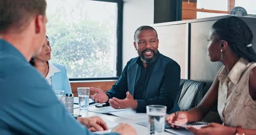 Collaboration, meeting and management with business people in boardroom of office for discussion