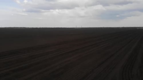 Blue tractror planting sunflower with yellow planter on the cultivated field in Ukraine