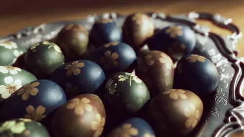 Close up of beautifully hand painted floral Easter eggs.