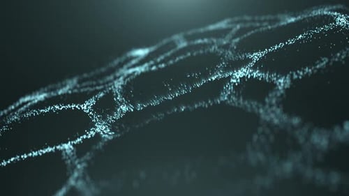 Une onde lumineuse abstraite provenant de particules et de points se déplace sur un fond bleu, visualisation de données volumineuses,