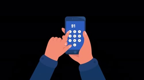 Animated Hands Dialing 911 Emergency Number on Smartphone
