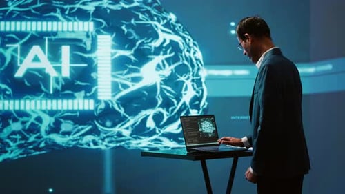 AI Researcher in Futuristic Workspace Using Artificial Intelligence