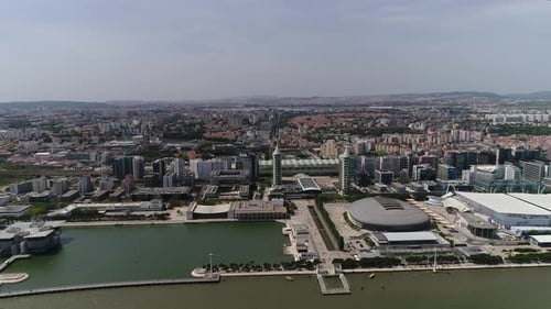 Flying Over twin buildings in Park of Nations, Lisbon, Portugal