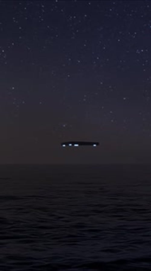 A triangular UFO flies over the ocean on a starry night. 3d render