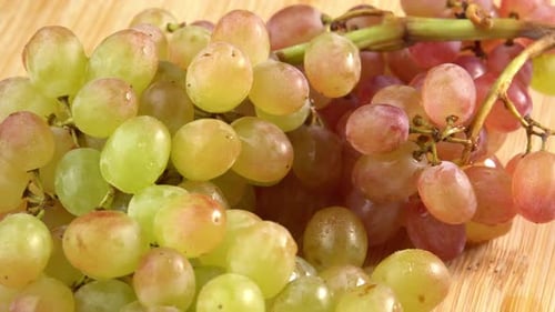Fresh bunches of grapes of green sort rotate as a background. Grape close up, concept winemaking