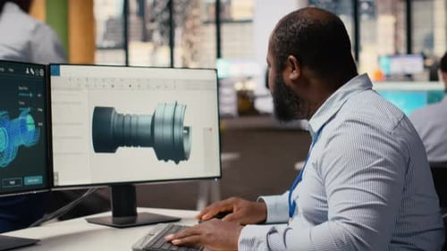 Engineer in Office Working on Wind Turbine CAD Design for Improved Technology