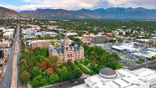 Gorgeous view of Salt Lake City and County Building surrounded by the green park.