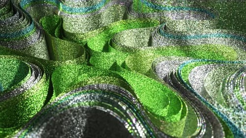 Metallic Ribbons Glittering in Green and Silver Gracefully Intertwining Creating Mesmerizing