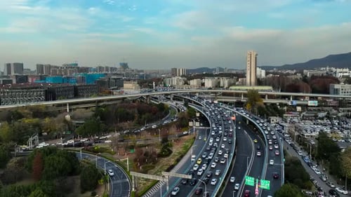 Aerial view of road junction spectacular elevated highway and complexity, convergence of roads, brid