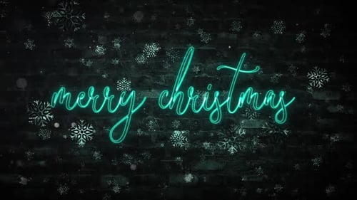 Animated Neon Merry Christmas Sign with Falling Snowflakes