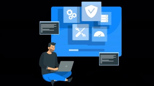 Programmer man writes program to protect laptop from viruses 4K Alpha Channel