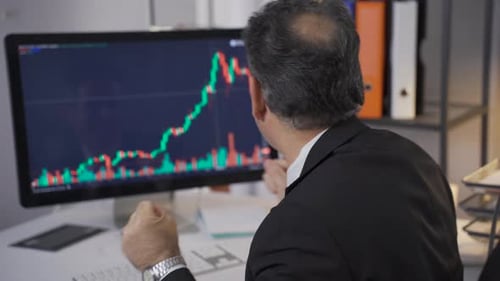 The Happy and Cute stock trader wins and its value goes up. Rise in the Stock Market.