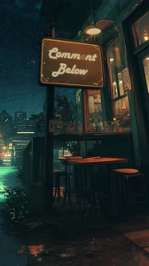 'Comment Below' Midnight Cafe Stream Screen – Loopable Animation 9x16