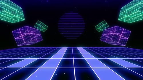 Retro Futuristic Neon Grid and Geometric Shapes