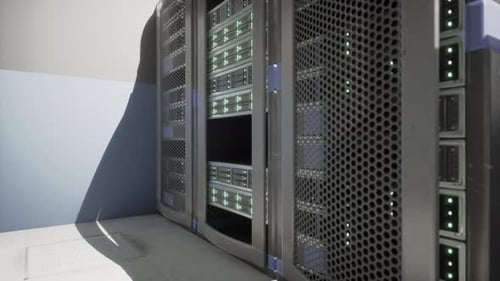 Shot of Corridor in Working Data Center Full of Rack Servers and Supercomputers