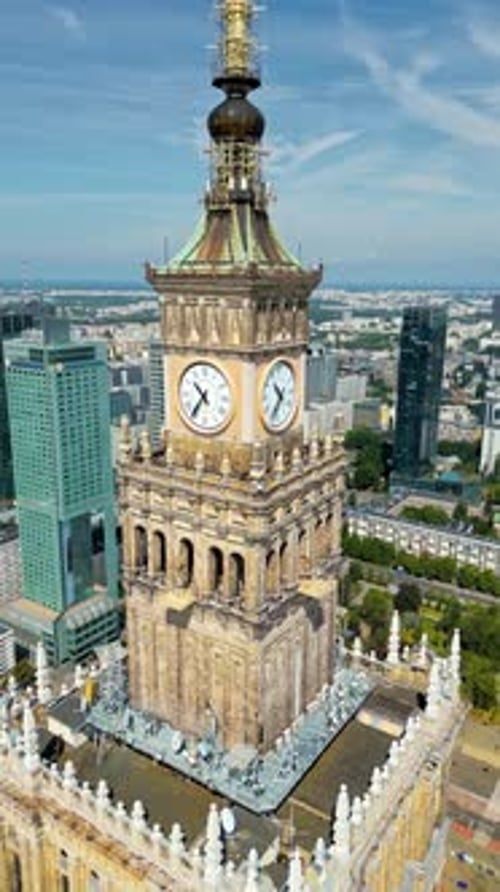 Aerial drone view of Warsaw, Poland on the River Vistula in daylight. Vertical