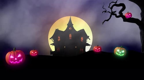 Eerie Halloween Haunted House and Glowing Jack-o'-Lanterns Animation